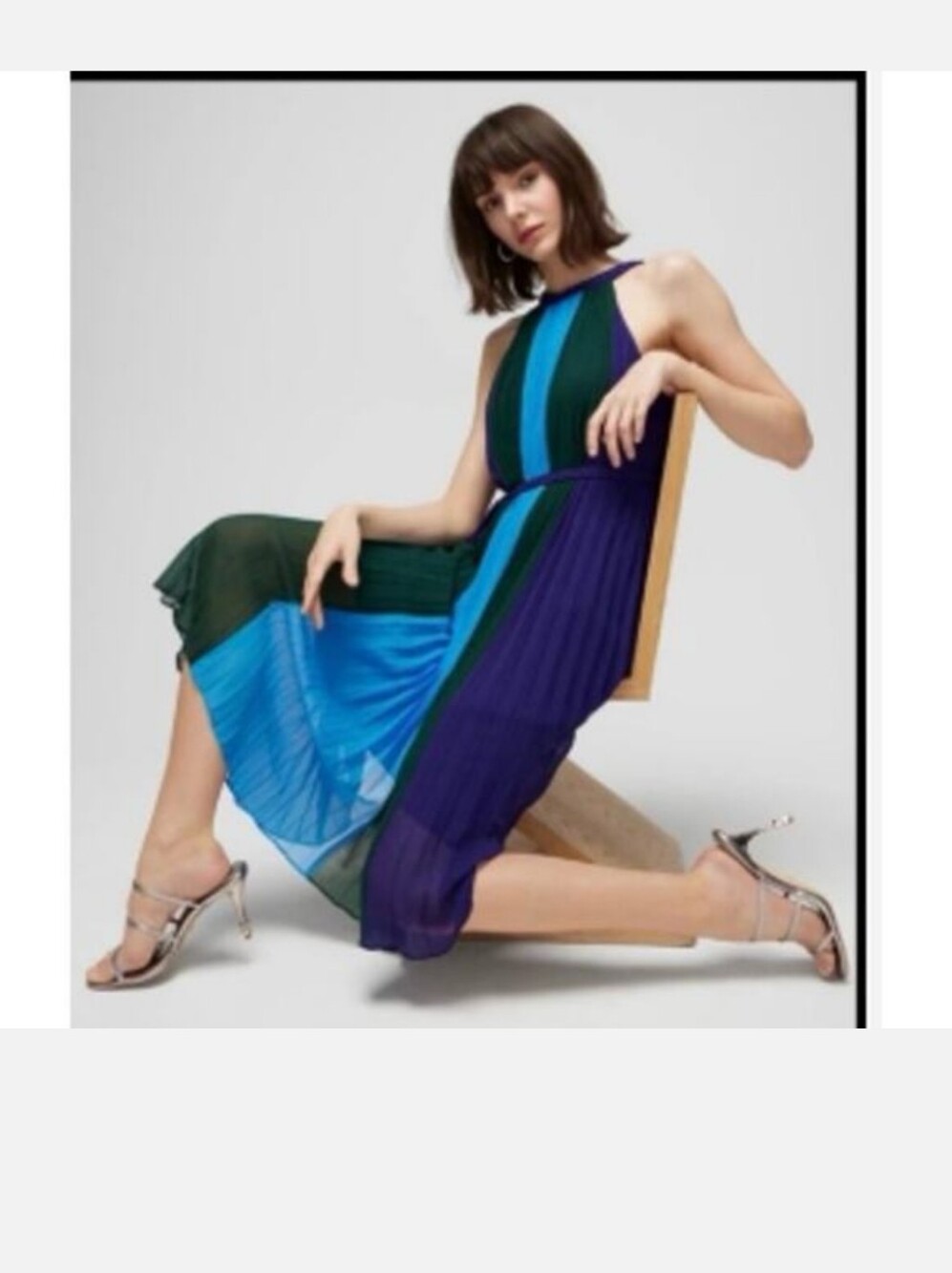 WHBM Sleeveless Belted Colorblock Pleated Midi Dress Halter Neck  Purple Blue